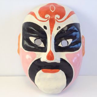 Mask Paper Mache Chinese Vintage Asian Man Wearable Art Opera Orange Pink Black