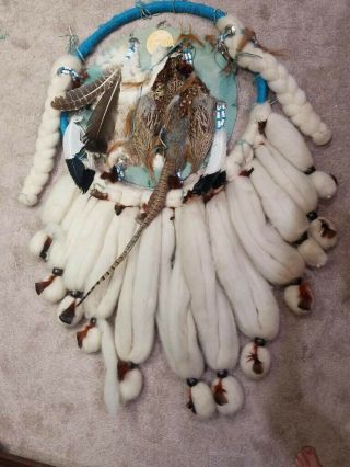 Great Deal From Mex Native American Large Feather/wool/beads Dream Catcher