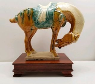 Vintage Antique Chinese Majolica Ceramic Horse Figurine On Stand