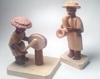 2 Vintage Nigerian Thorn Wood Carved African Tribal Musicians Figures