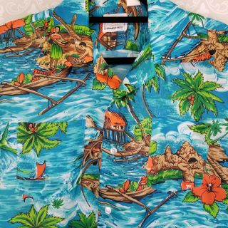Vtg Cascade Hawaiian Aloha Shirt Polynesian Tiki Outfitter Island Blue Xl