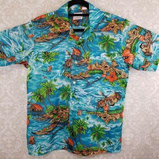 VTG Cascade Hawaiian Aloha Shirt Polynesian Tiki Outfitter Island Blue XL 2