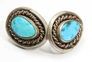 Vintage Navajo Sterling Silver Old Pawn Blue Turquoise Oval Screwback Earrings