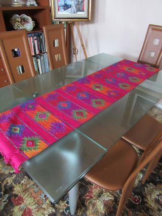 Mexican Hand Loomed 100 Cotton Fringed Table Runner Folk Decor 62 " X 15.  5 " 3