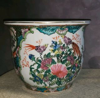 Antique Chinese? Asian Fish Bowl Planter Birds Roses Butterflies Bottom Marked.