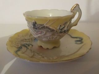 Vintage Dragon Ware Moriage Miniature Cup And Saucer Yellow