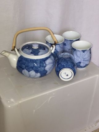 Blue Floral Porcelain Oriental Tea Pot Saki Set W/ 4 Cups Glasses Flower Teapot