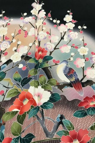 @@vintage/japanese Tomesode Kimono Silk Fabric/ 2 Birds,  Plum Blossom G225