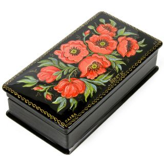 5x2.  6 " Trinket Box.  Russian Lacquer Box W/ Hand Painted Poppy Flowers Palekh