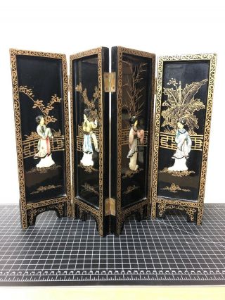 Vintage Black Lacquer Table Top Folding Screen Asian Geisha Girl Gold Floral 14”