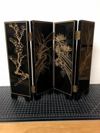 Vintage Black Lacquer Table Top Folding Screen Asian Geisha Girl Gold Floral 14” 2