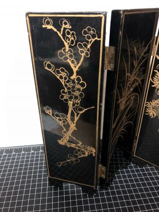 Vintage Black Lacquer Table Top Folding Screen Asian Geisha Girl Gold Floral 14” 3