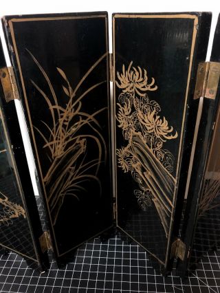 Vintage Black Lacquer Table Top Folding Screen Asian Geisha Girl Gold Floral 14” 4
