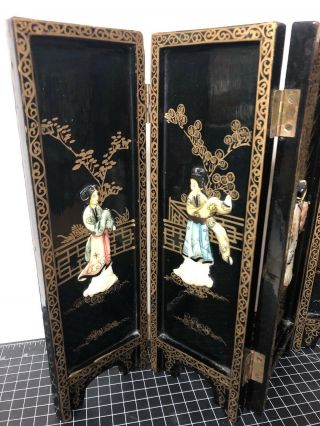 Vintage Black Lacquer Table Top Folding Screen Asian Geisha Girl Gold Floral 14” 6