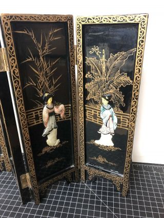 Vintage Black Lacquer Table Top Folding Screen Asian Geisha Girl Gold Floral 14” 7