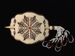 Vtg Native American Indian Beaded Hair Pin Holder Barrette With Beaded Tassel