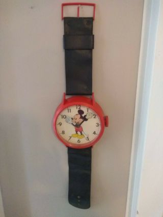 Vintage Mickey Mouse Giant Red Wall Clock Watch With Black Vinyl By Welby