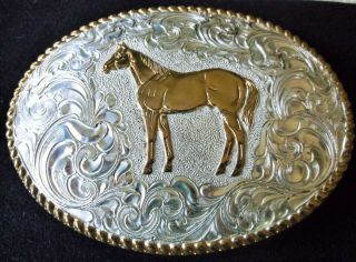 Vintage Western Silver Plate Bronze Horse Belt Buckle Signed Crumrine Usa