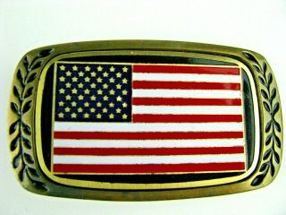 Vintage Collectible American Flag Brass & Enamel Belt Buckle By Heritage Buckles