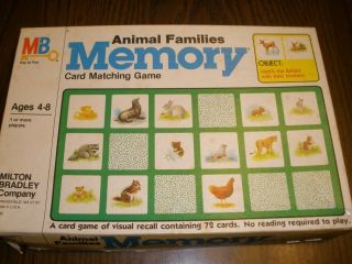 Vintage Animal Families Memory Card Matching Game Milton Bradley 1984 Complete