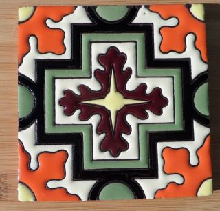 8 Talavera Mexican Pottery Tile 4 " X 4 " Santa Barbara Hi Relief Gold Orange