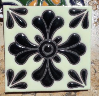 8 Talavera Mexican Pottery Tile 4 " X 4 " Malibu Black Cross Hi Relief Off White