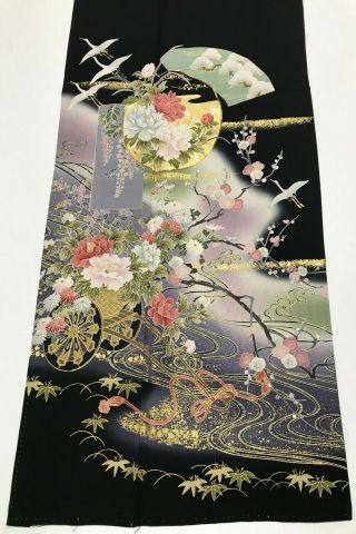 @@vintage/japanese Tomesode Kimono Silk Fabric/ Cranes,  Flowers B651