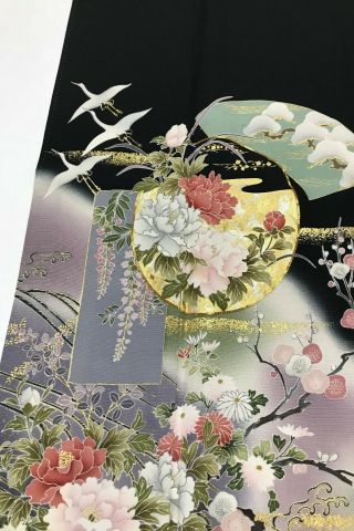 @@Vintage/Japanese tomesode kimono silk fabric/ cranes,  flowers B651 2
