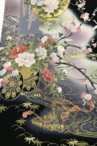 @@Vintage/Japanese tomesode kimono silk fabric/ cranes,  flowers B651 3