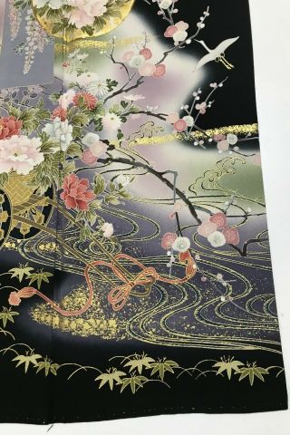 @@Vintage/Japanese tomesode kimono silk fabric/ cranes,  flowers B651 4