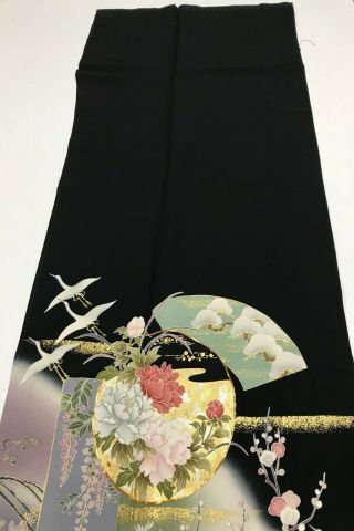 @@Vintage/Japanese tomesode kimono silk fabric/ cranes,  flowers B651 5