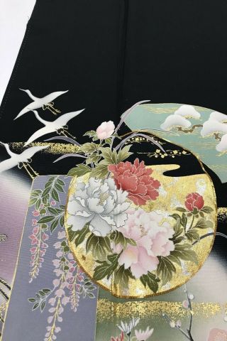 @@Vintage/Japanese tomesode kimono silk fabric/ cranes,  flowers B651 6