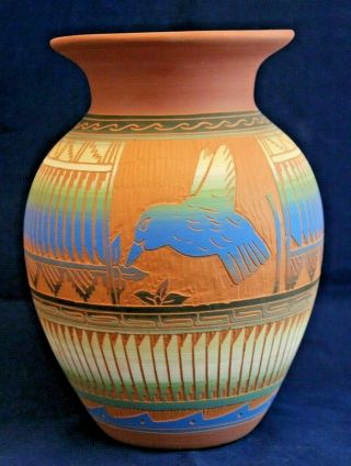 Navajo Hummingbird Clay Pottery Vase,  Signed Collectible