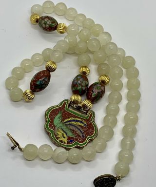 Vintage Chinese White Jade Cloisonae Beads Necklace