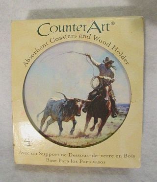 Counter Art 4 Cowboy & Cattle Coasters Absorbent Stone Wood Box Holder Western