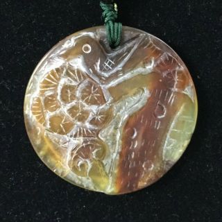 Vintage Carved Jade Pendant Bird Flower Tree Woven Macrame Cord Necklace Signed