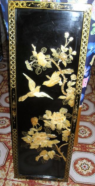 Asian Chinese Black Lacquer Mother Of Pearl Inlay Oriental Art Picture Pick Up