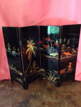 Vintage Vietnamese Table Top Folding Screen Panel Lacquer Box Scarves