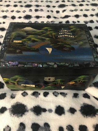 Vintage Hand Painted Japanese Lacquered Music Jewelry Box With Abalone