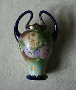 Antique Hand Painted Japanese Urn Shape 9 Inch Vase Handles