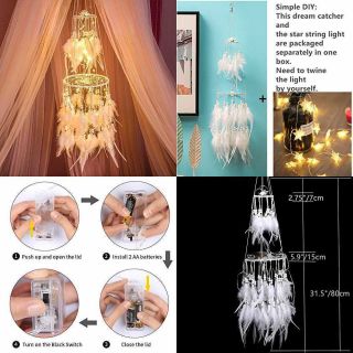 Double Circle White Feather Dream Catcher W Mobile Led Fairy Lights Wall Hanging