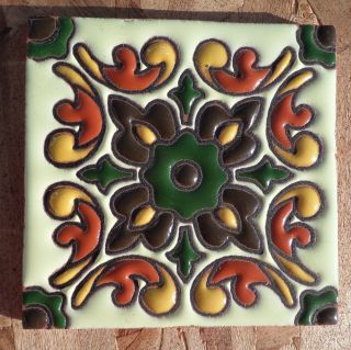8 Talavera Mexican Pottery Tile 4 " X 4 " Hi Relief Catalina Green Floral Vintage