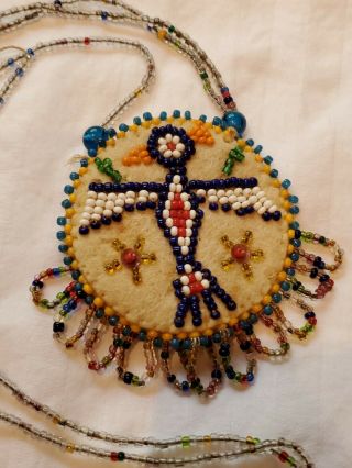 Vintage Native American Handmade Thunderbird Seed Bead Medallion Necklace