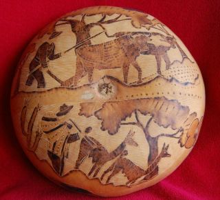 Vintage Peruvian Hand Carved Gourd Bowl Peru Folk Art Andes Llama Alpaca Amazon