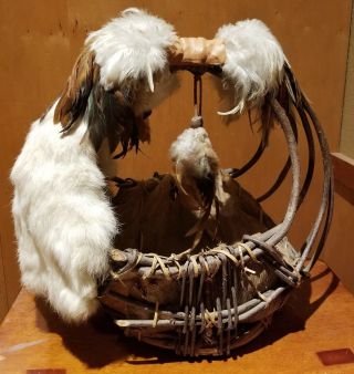 Native American Indian Woven Basket With Rabbit Fur Pelt & Feathers