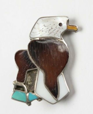 Vintage Zuni Signed Bald Eagle Turquoise Mop Inlay Pin Pendant