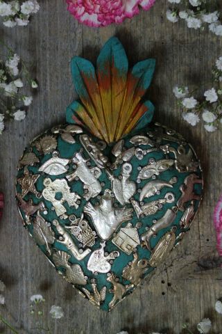 Green Sacred Heart Wood & Milagros Handmade Folk Art Michoacán Mexico Love Token