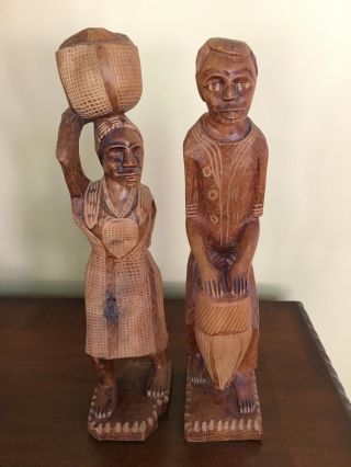 Pair African Tribal Hand Carved Wood Folk Art Statue Figures