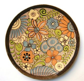 Vintage Mexican Pottery Art Deco Tlaquepaque Plate,  Floral Pattern,  9.  25”
