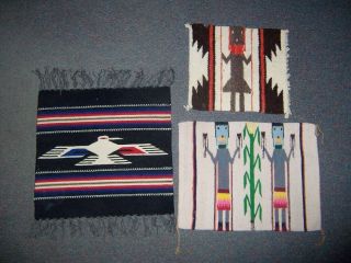 3 Vtg Hand Woven Southwestern Wool Mat Rug Wall Hanging Yei & Thunderbird